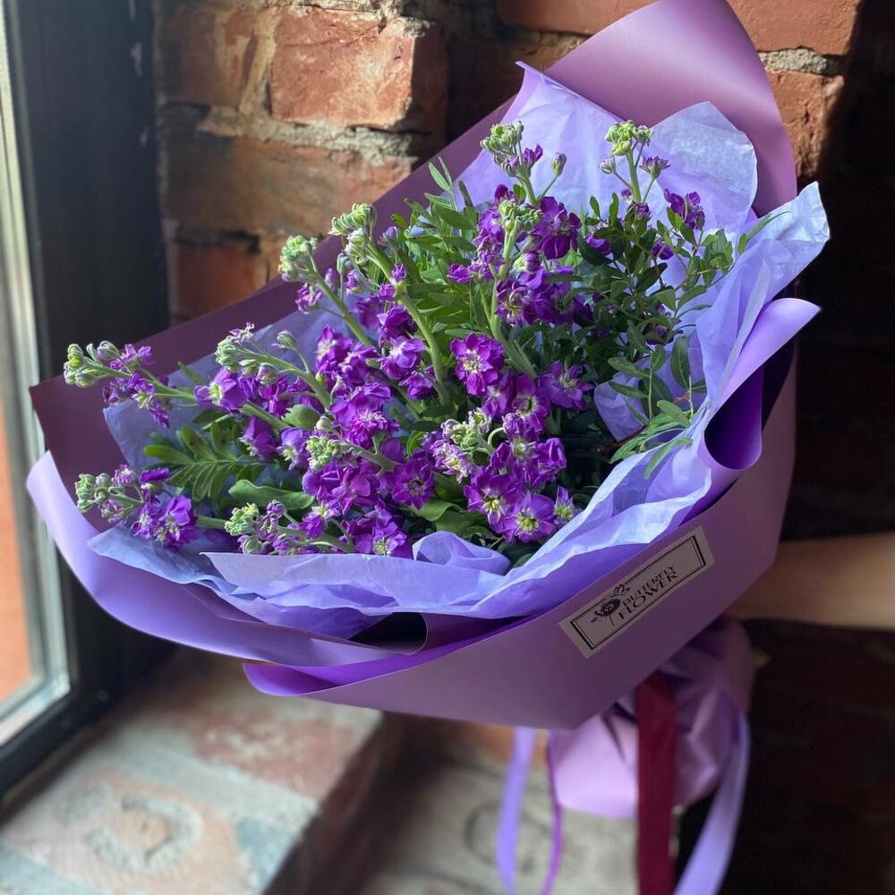 Букет из 11 фиолетовых маттиол и фисташки в стильной упаковке 